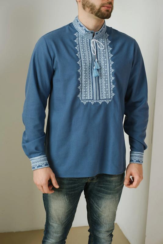 Чоловіча лляна вишиванка "цвітан", s (42-44), m(46),2xl(52) сіро-синя ...