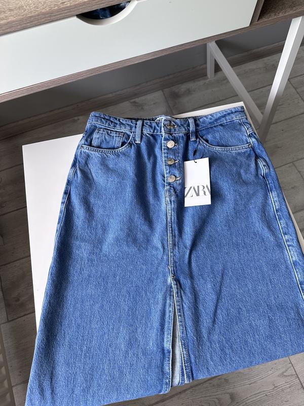 Синяя джинсовая юбка с разрезами zara z1975 голубая юбка миди зара