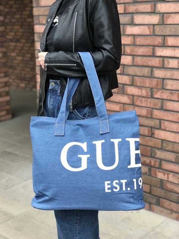GUESS embroidered logo branding guess denim logo tote bag 1000 160200092