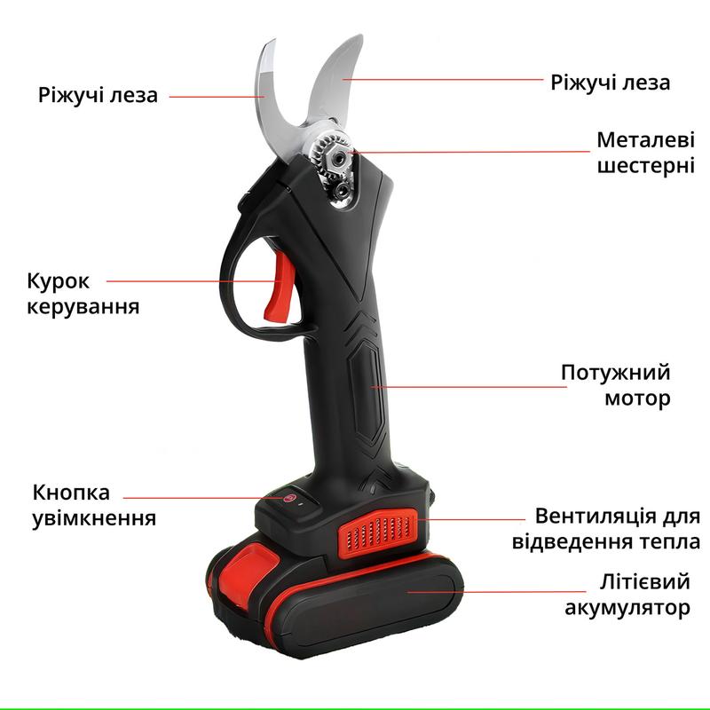 Акумуляторний секатор з двома акумуляторами в зручному кейсі для зберігання8 фото