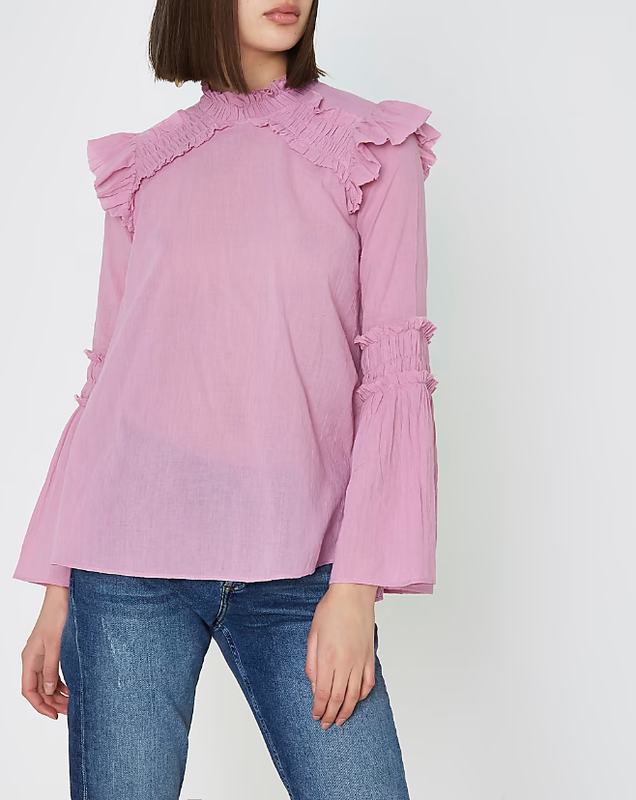 Розовая блузка с высоким горлом и рукавами клеш river island развая ...