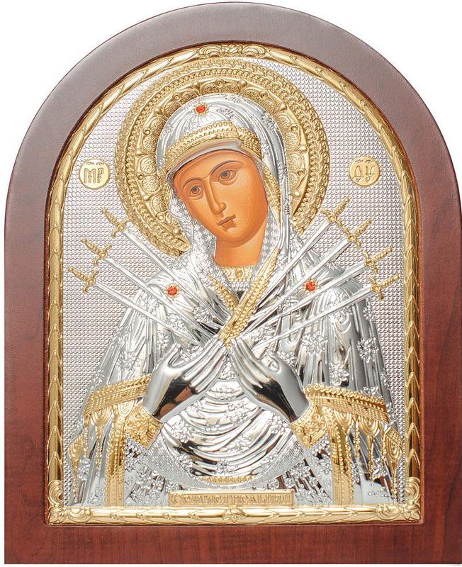 Серебряная икона семистрельная божья матерь 10,7 х 12,8 см арочной ...