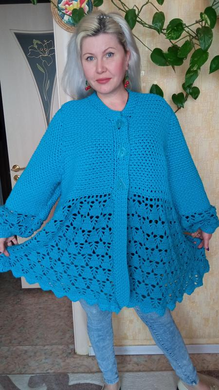 Вязаное ажурное пальто/бирюзовая кофта/кардиган — цена 330 грн в ...