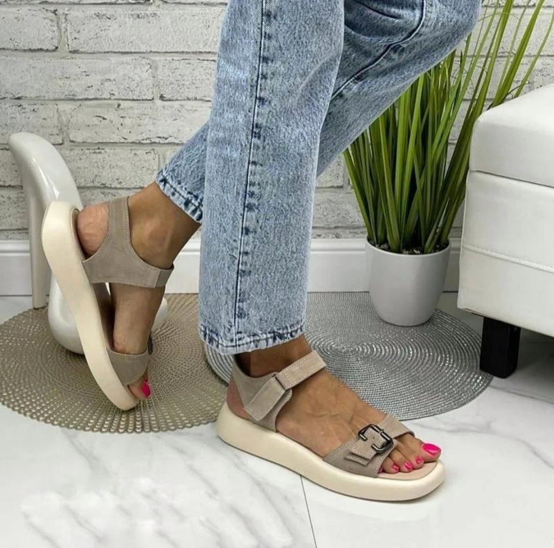 Босоножки женские стильные бежевый замш, удобные кожаные сандалии много ...