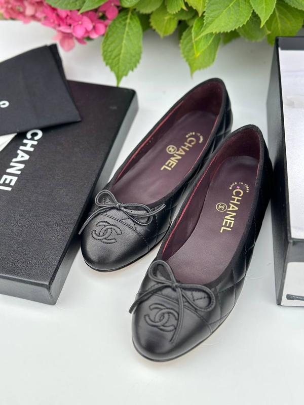 Туфли балетки женские кожаные черные классика брендовые в стиле шанель ...