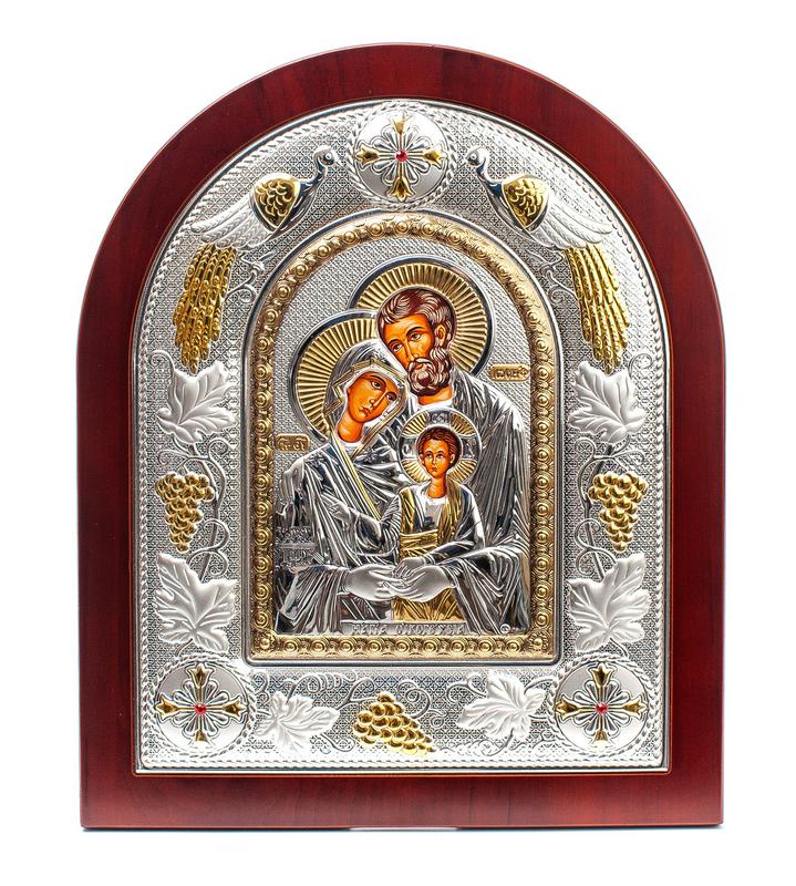 Икона святая семья 29х24см в серебряном окладе с позолотой на деревяном ...