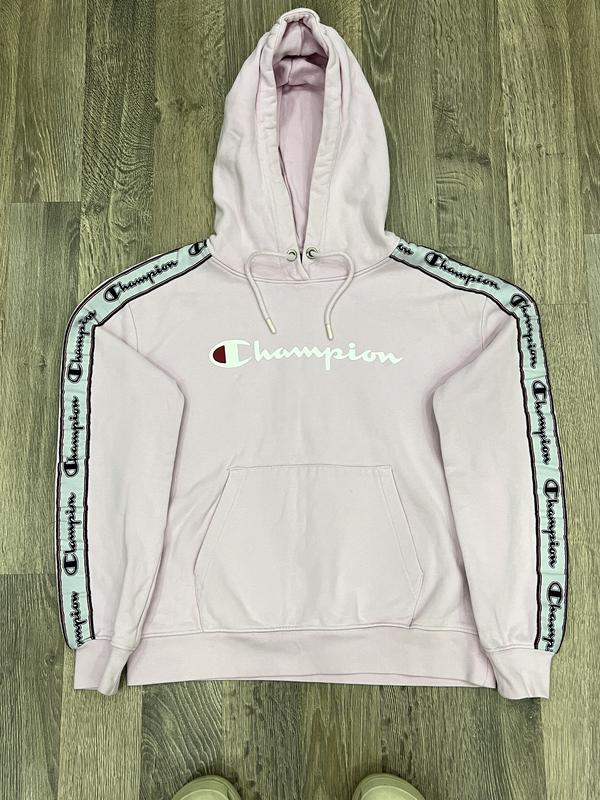 Pink champion tape hoodie discount