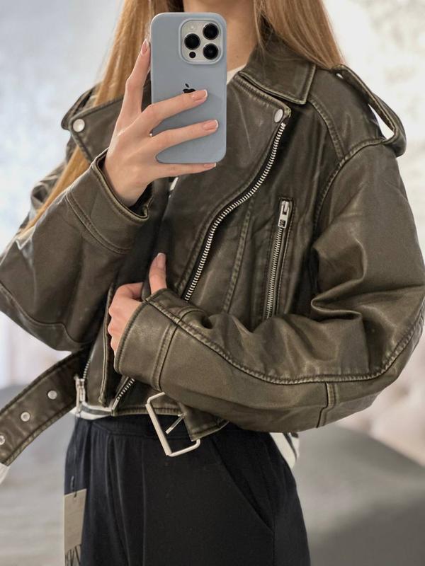 Трендовая укороченная косуха хаки zara куртка кожаная зара лежанка хаки ...