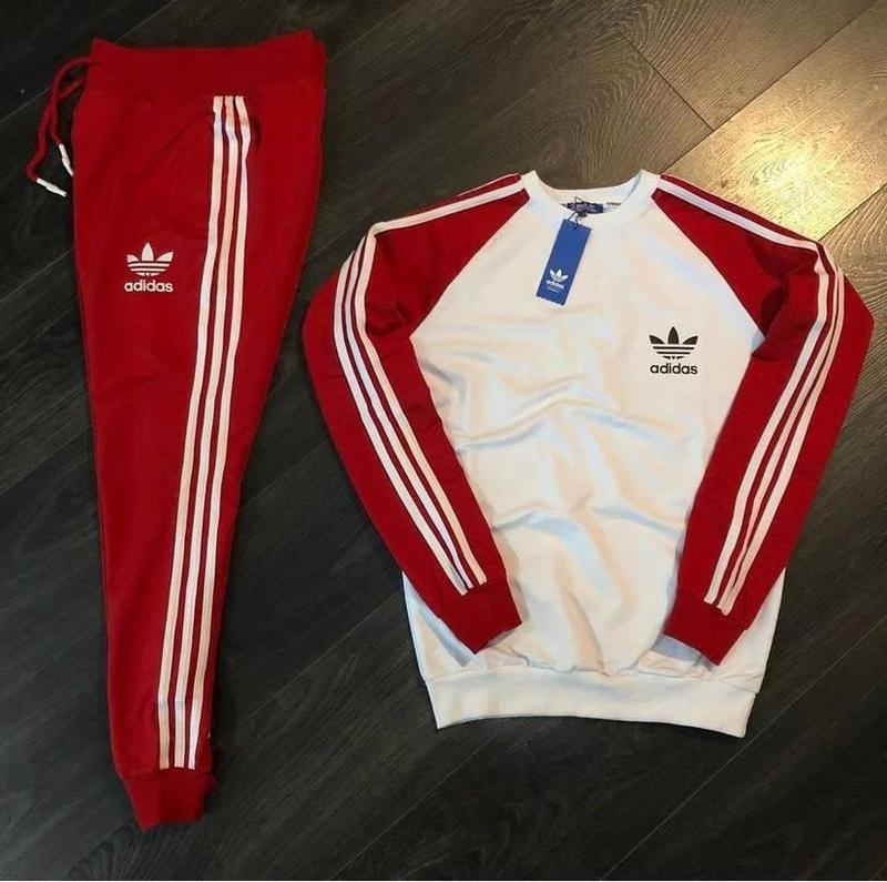 Мужской спортивный костюм adidas красный с белым без капюшона весенний ...
