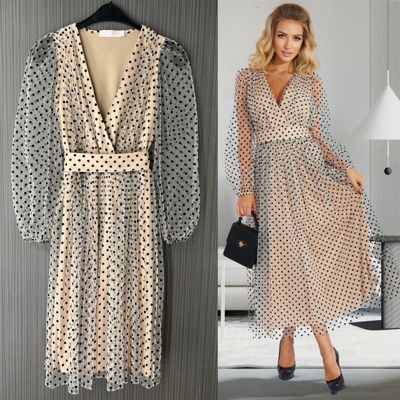 Бежевое платье в черный горох — ціна 1450 грн у каталозі Вечірні сукні ...