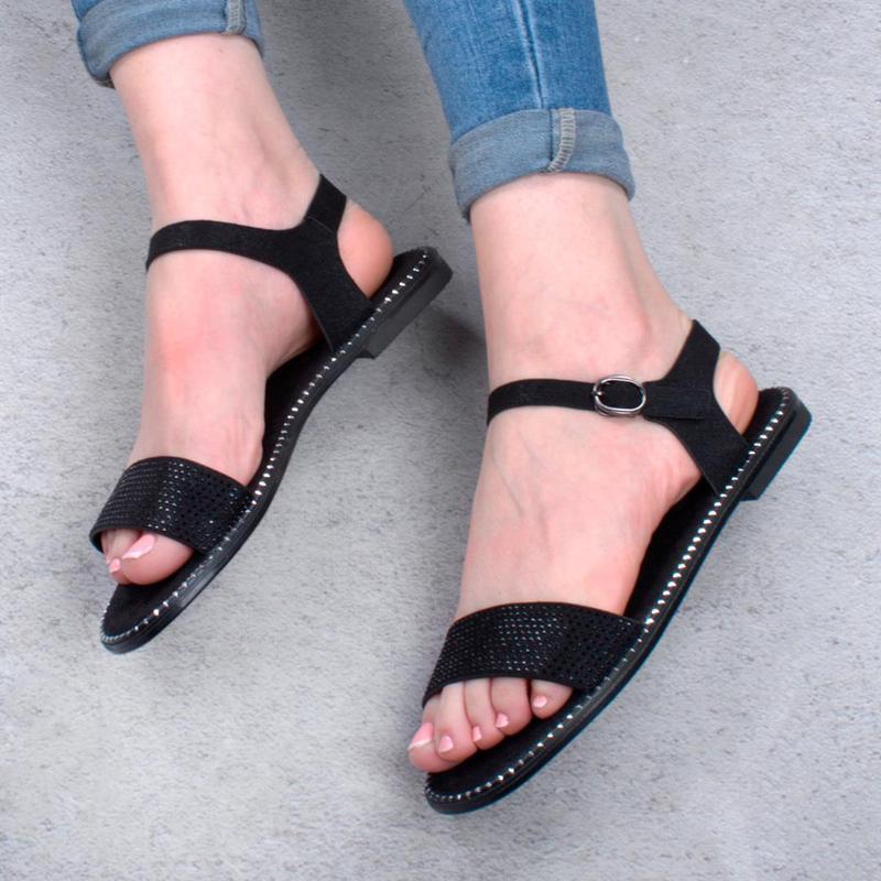 Стильные черные босоножки сандалии на плоской подошве низкий ход со ...