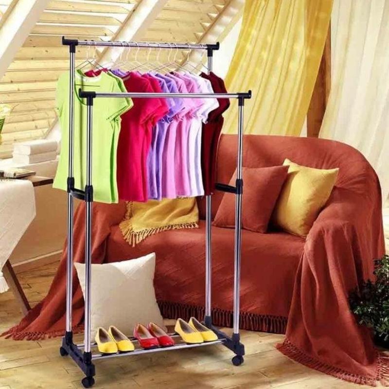 Вешалка-стойка для одежды телескопическая на колесиках double pole ...