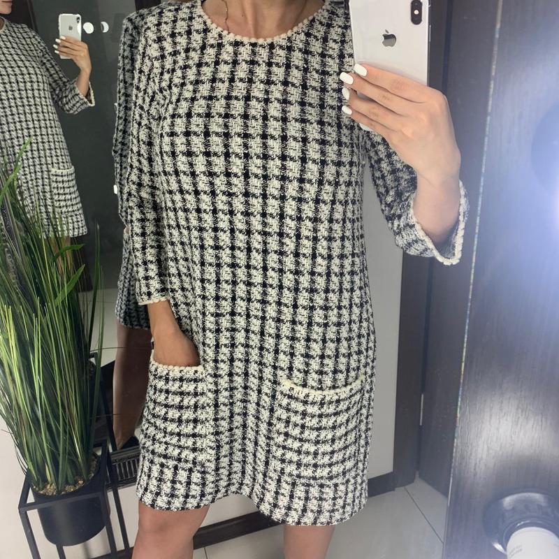 👗крутое твидовое платье миди zara/прямое чёрно-белое платье в клетку ...