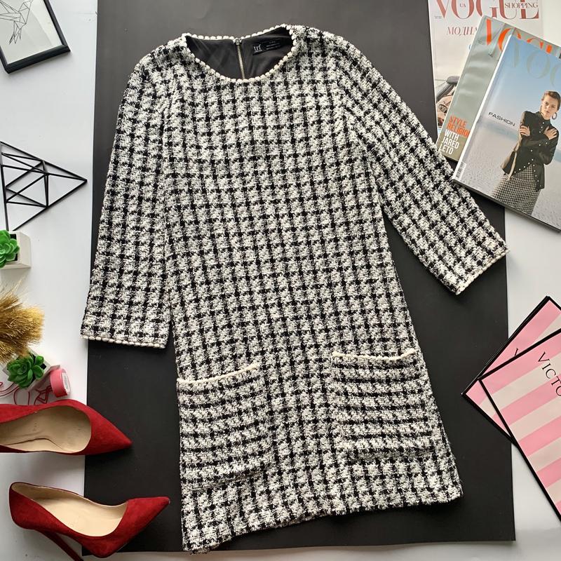 👗крутое твидовое платье миди zara/прямое чёрно-белое платье в клетку ...