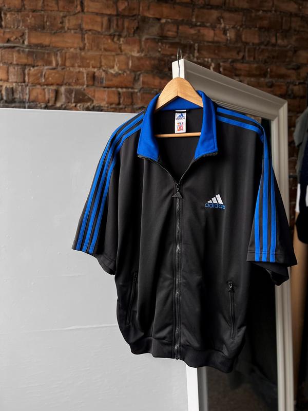 Adidas vintage men s half sleeve track jacket full zip blue black 3 stripes 600