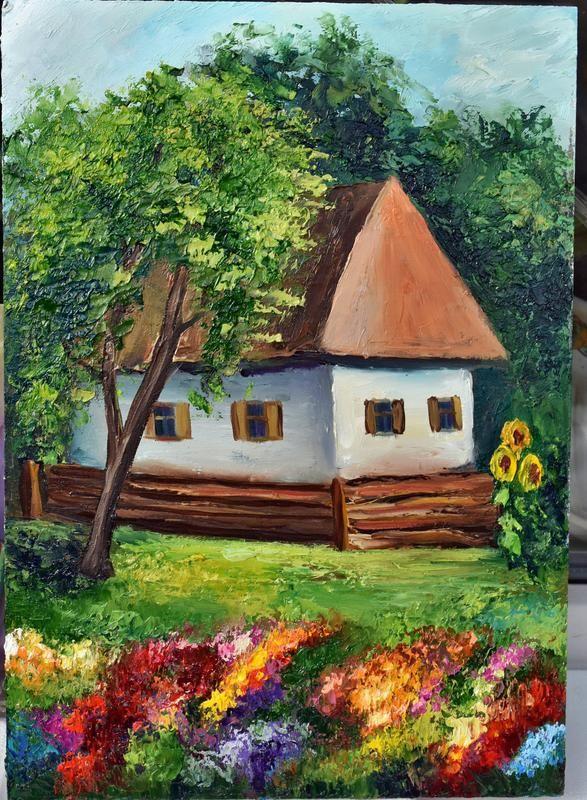 Уютная картина, сельский домик, пейзаж природа, оргалит,25х35см — цена ...