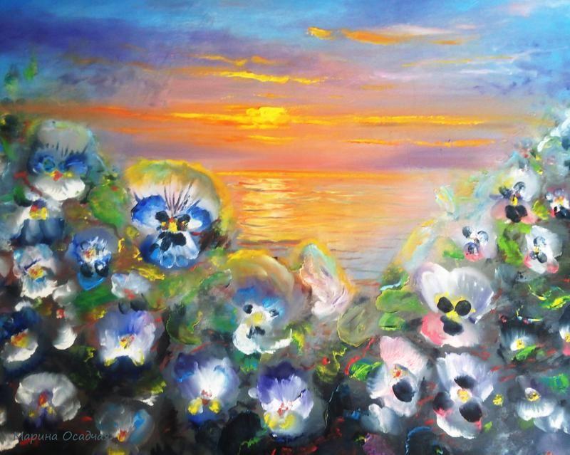 Картина море цветы маслом "фиалковые грезы" картина морской пейзаж ...