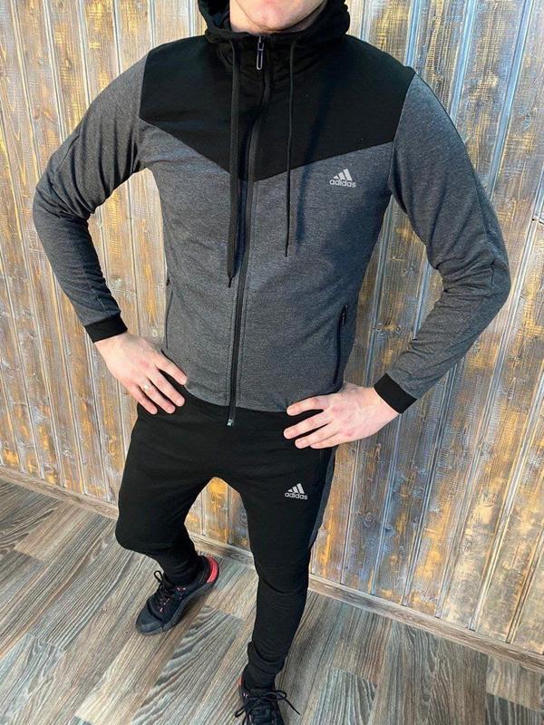 Топовый мужской спортивный костюм adidas серый с капюшоном на молнии ...