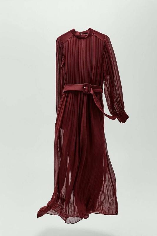 Бордовое винное плиссированное платье макси с поясом zara — цена 799
