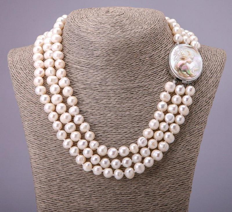 Бусы из натурального речного жемчуга в три нити застежка "камея ...