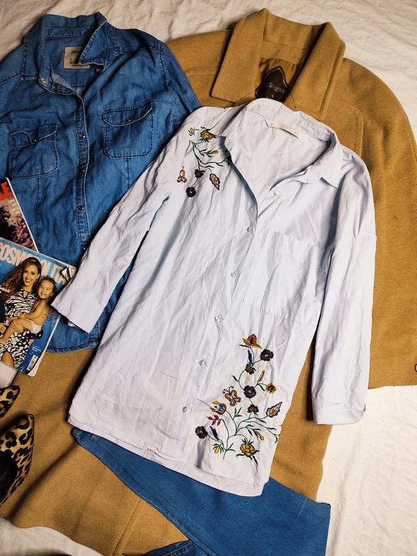 Zara зара рубашка голубая оверсайз с цветочной вышивкой принт цветы с ...