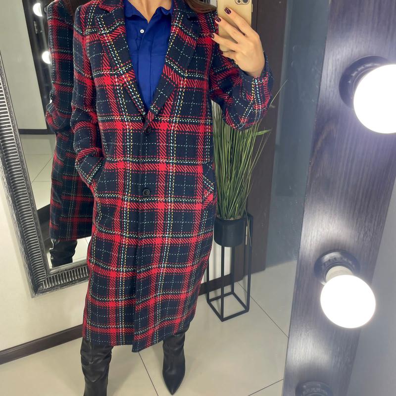 🧥классное женское прямое пальто в клетку/чёрно-красное клетчатое пальто ...