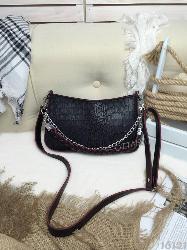 Женская сумочка багет черная с красным, жіноча сумка під рептилію ...
