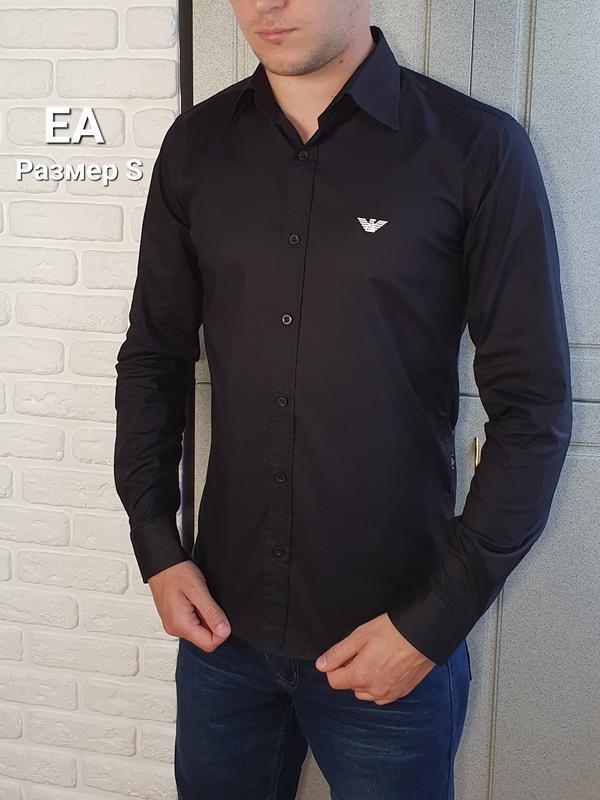 Мужская коттоновая черная рубашка с длинным рукавом emporio armani ga ...