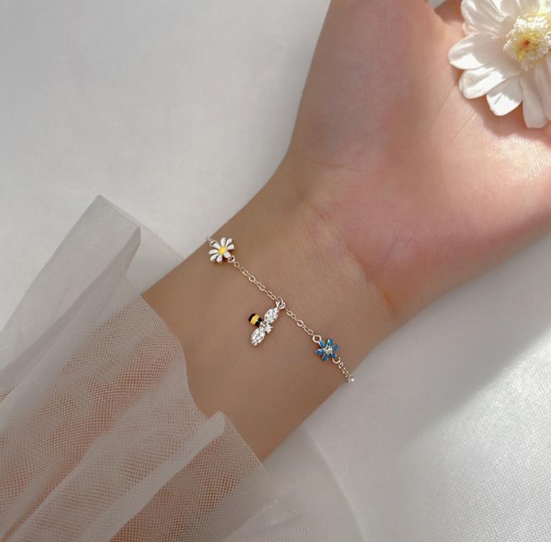 Браслет серебряный ромашковый сад с пчелами, браслет с цветами и ...
