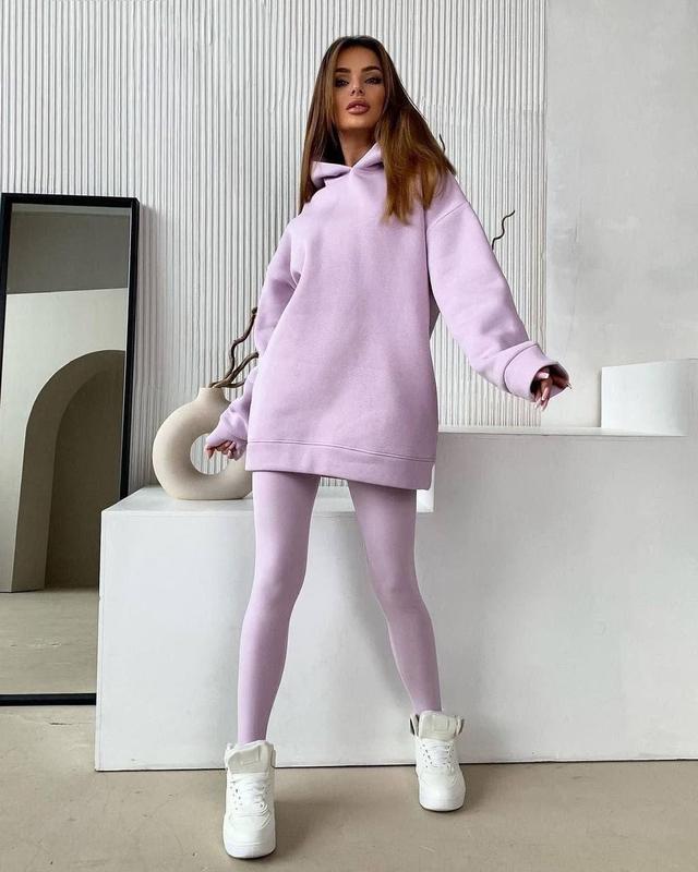 Спортивный розовый костюм oversize тёплый на флисе худи с капюшоном и ...