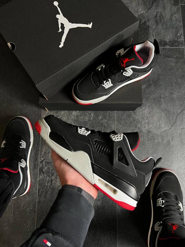 Чёрные мужские кроссовки nike air jordan 4 retro black/ red нубук ...
