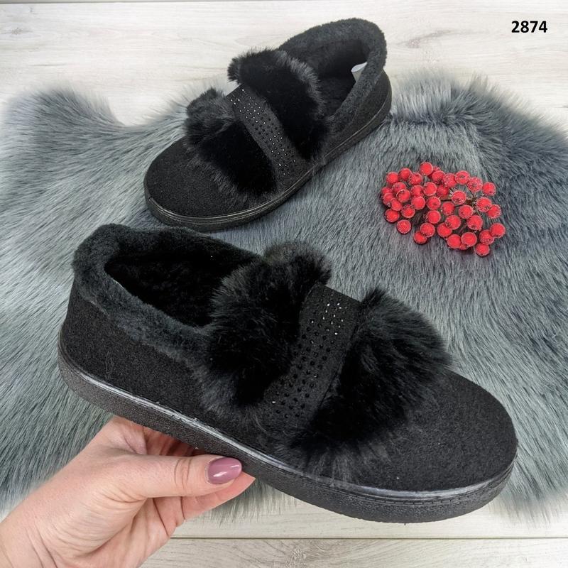 Тапочки чуни женские теплые черные с меховой опушкой с бантиком ...