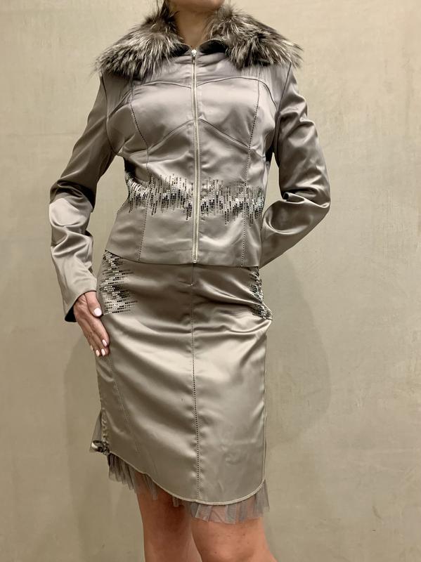 Костюм женский шикарный с юбкой современный пиджак на молнии со съемным ...