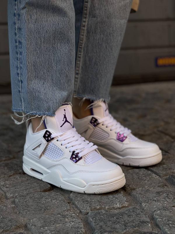 Женские белые с фиолетовым кожаные кроссовки nike air jordan 4🆕 найк ...