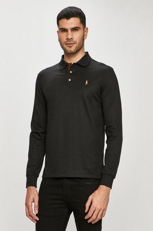 Мужской черный коттоновый лонгслив поло polo ralph lauren pima soft ...