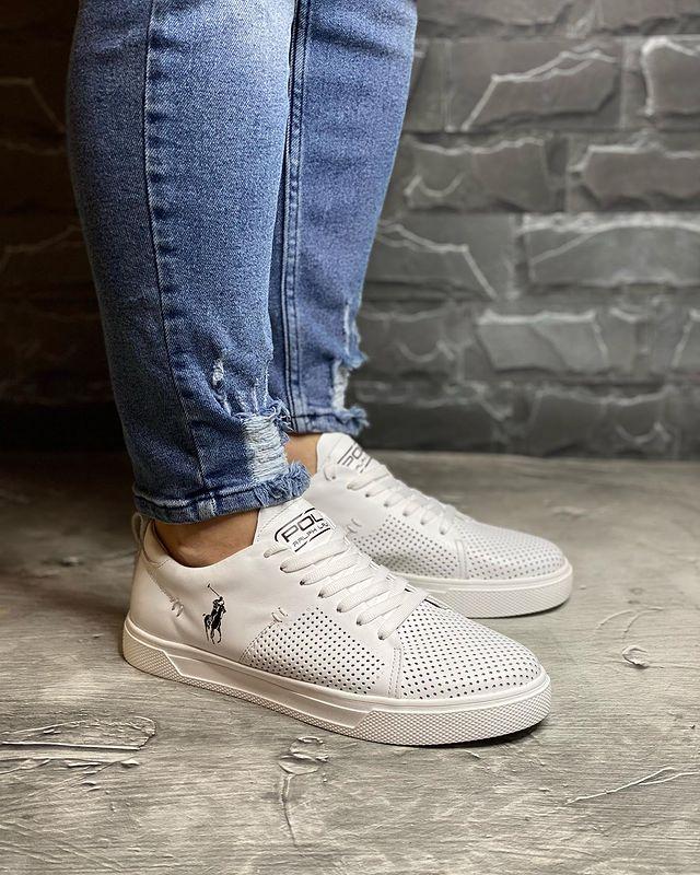 Кеды, кроссовки мужские кожаные polo ralph lauren белые с перфорацией ...