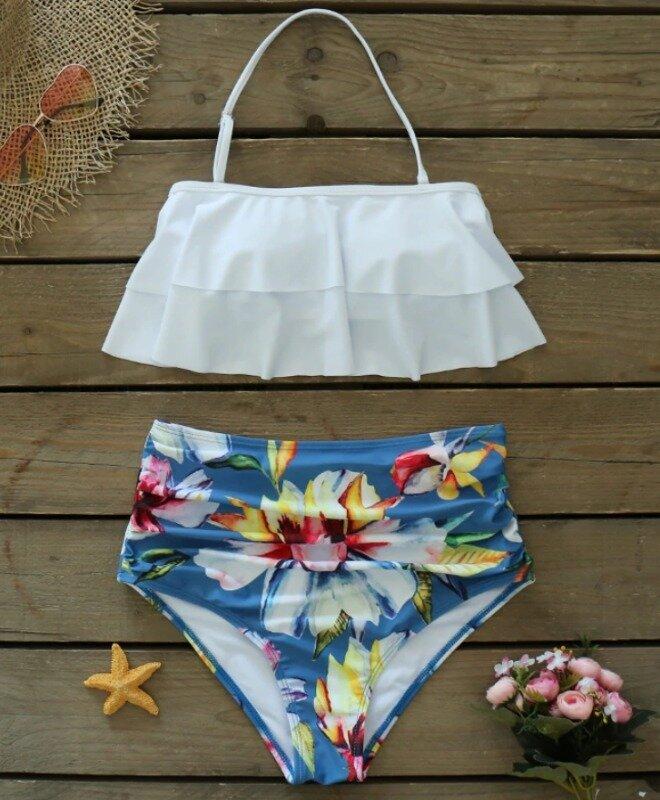 Раздельный купальник с рюшами и плавки с высокой посадкой в цветочный ...
