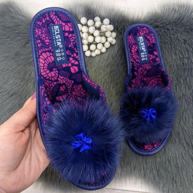 Тапочки женские комнатные белста с открытым носком синие с пушком 2369 ...