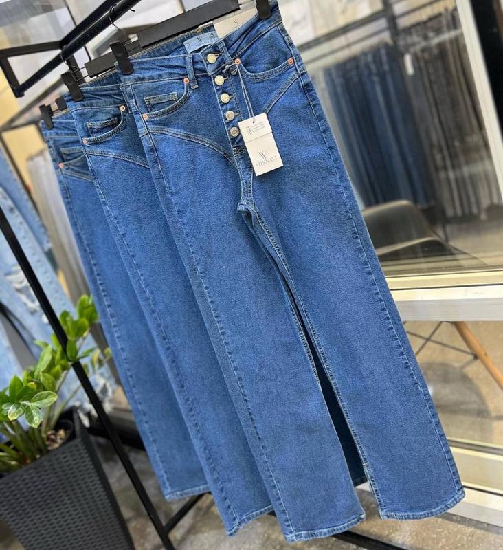 Джинсы прямые высокие с пуговицами имитация трусиков синие — цена 1800 ...